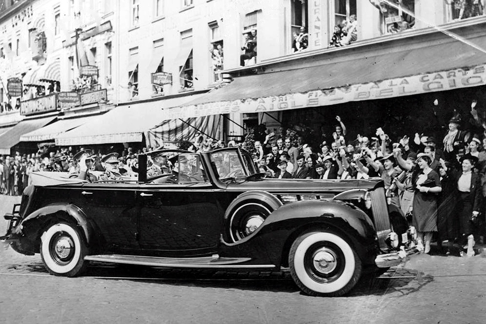 1938 Packard Convertible Sedan with King Leopold of Belgium in a reception parade in Brussells